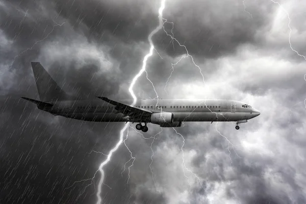 Airplane during heavy rain, storm with thunderstorm lightning, stormy weather on the backdrop