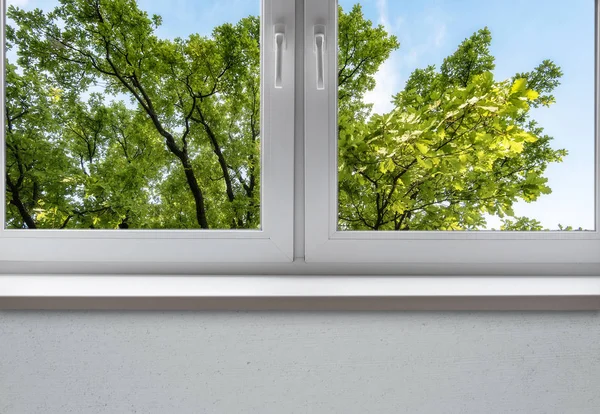 Modern Window with Frame and Sill, View to the Park, green Trees. Summer, Spring Window Background