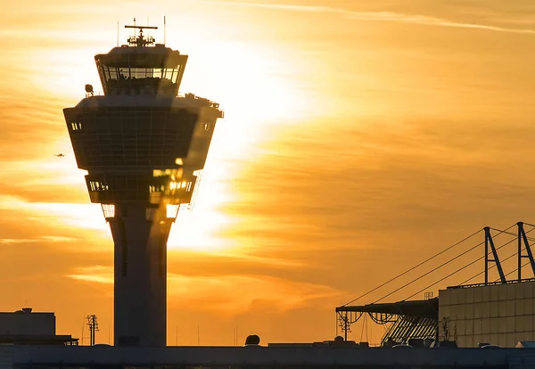 Airport control Tower,  Sunset over Airport in Munich, Germany