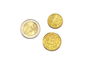 İkinci el Euro Sikkeler, Euro Sent, 2, 10, 50 Set beyaz bbackground izole