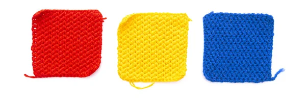 Three Knitted Patch Squares Red Yellow Blue Isolated White Background — Stock Photo, Image
