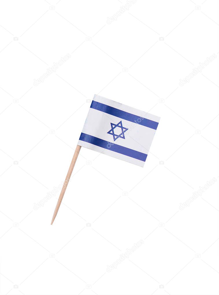 Tooth pick wit a paper flag of Israel, Israeli flag on a wooden toothpick