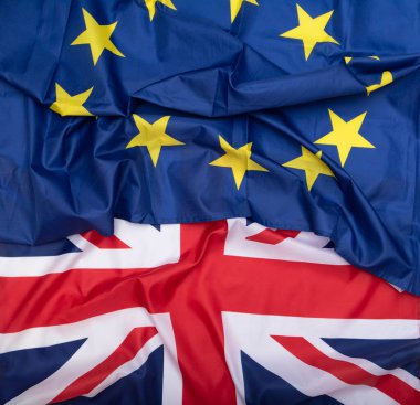 Brexit, Birleşik Krallık ve Avrupa Birliği kumaş bayrakları, konsept resim