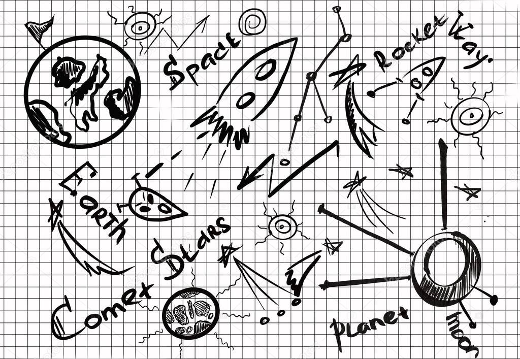 Abstract drawing by a pen in a school notebook on a space theme with a comet, planet, stars