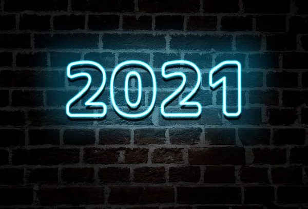 Tuğla duvarda 2021 mavi neon tabela metni, dekorasyon
