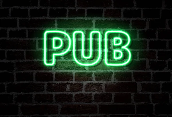 Pub Neon Felirat Téglafalon — Stock Fotó