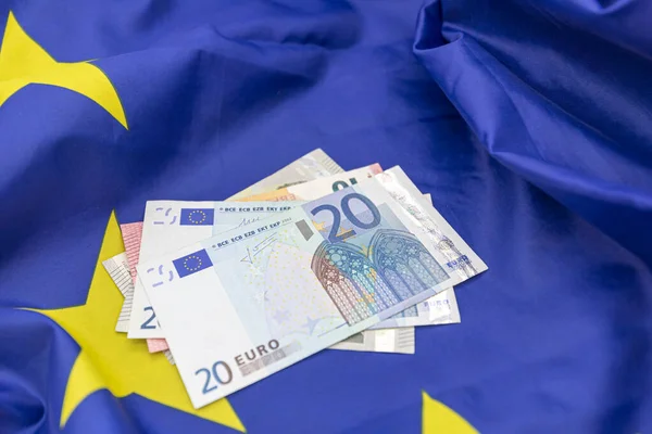 Europeiska Unionens Flagga Och Del Pengar Euro Toppen Konceptbild — Stockfoto