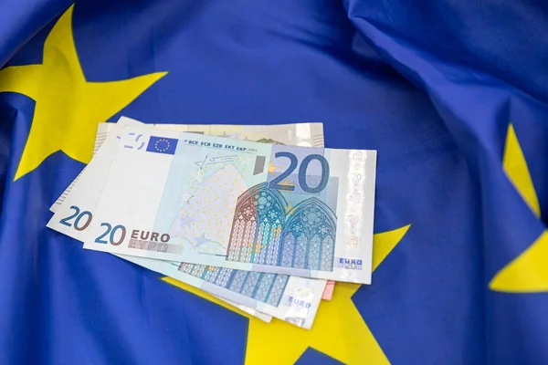 Europeiska Unionens Flagga Och Del Pengar Euro Toppen Konceptbild — Stockfoto