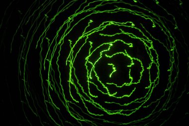 Siyah arkaplanda yeşil lazer ışığının soyut çizgileri