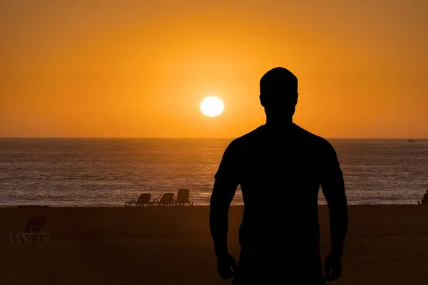 Silhouette Man Back Side Front Sea Ocean Sunset Water Concept — Stock Photo, Image