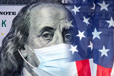 Yüz maskesi ve ABD bayraklı Amerikan doları fatura, COVID ile ilgili konsept resim - 19 ve salgın