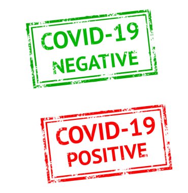 COVID-19 Negatif ve Pozitif metin kırmızı ve yeşil kauçuk pullar, konsept resim