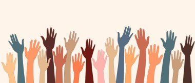 Grup el kaldırdı. Çok kültürlü insanlar. Irksal eşitlik. Farklı kültür ve uluslardan erkekler ve kadınlar. Birlikte yaşam uyumu. Topluluk. Çeşitlilik içerme