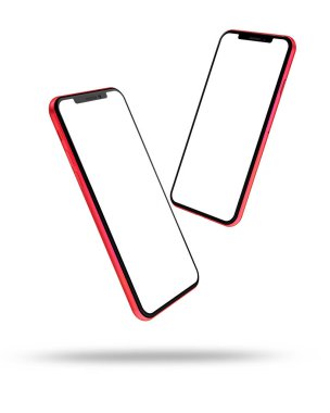Boş ekran, beyaz arka plan üzerinde izole kırmızı akıllı telefonlar.
