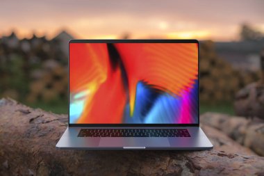 Ahşap kirişler bir renkli ekran ile bir dizüstü bilgisayar. Odak içinde laptop. Yüksek detaylı.