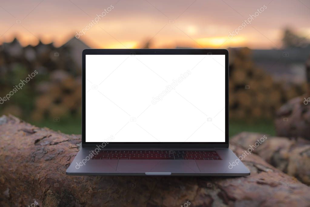 Laptop with blank screen isolated on white background. Laptop in focus. High detailed.