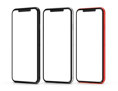 Akıllı telefonlar üzerinde beyaz izole boş ekran ile kümesi. Yüksek ayrıntıları.