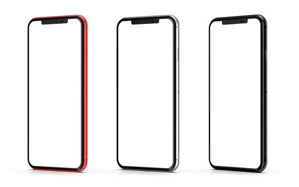 Akıllı telefonlar üzerinde beyaz izole boş ekran ile kümesi. Yüksek ayrıntıları.