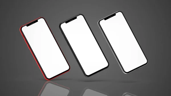 Smartphones Rojos Plateados Negros Con Pantalla Blanco Aislados Sobre Fondo —  Fotos de Stock