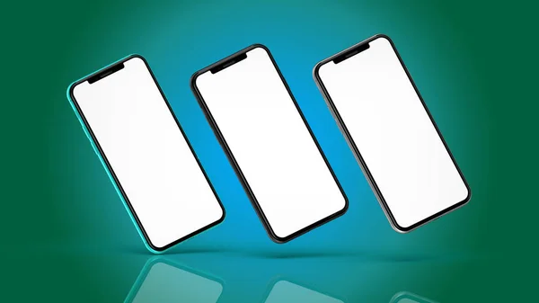 Ocean blue, silver and black smartphones with blank screen, isolated on ocean blue background.
