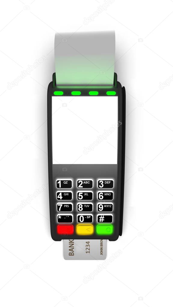 Payment terminal isolated on white background. Top view.