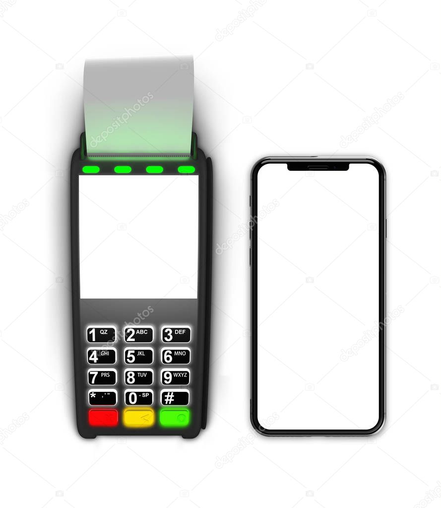 Payment terminal isolated on white background. Top view.