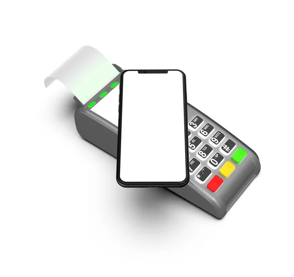 Zahlungsterminal Isoliert Auf Weißem Hintergrund Smartphone Und Terminal Von Oben — Stockfoto