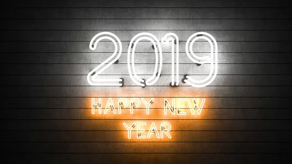 Gelukkig Nieuwjaar 2019 Neon Vormen Met Verlichting — Stockfoto
