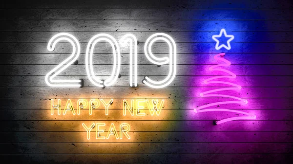 2019 Happy New Year Neon Shapes Lights — Stock Photo, Image