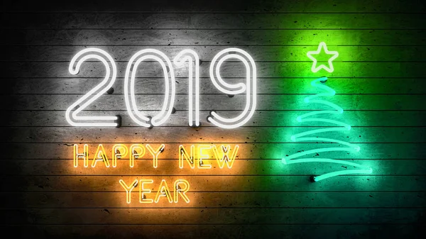 2019 Happy New Year Neon Shapes Lights — Stock Photo, Image