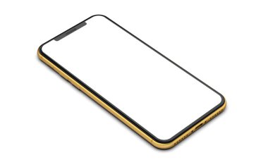 Beyaz arka plan üzerinde izole boş ekran ile sarı smartphone.