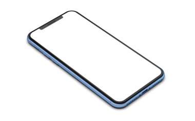 Beyaz arka plan üzerinde izole boş ekran ile mavi smartphone.