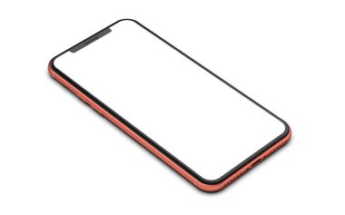 Beyaz arka plan üzerinde izole boş ekran ile turuncu smartphone.