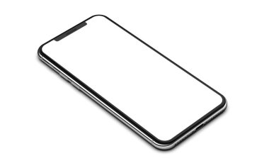 Beyaz arka plan üzerinde izole boş ekran ile gümüş smartphone.