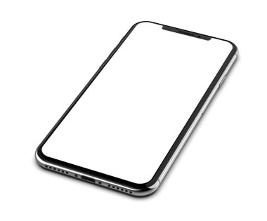 Beyaz arka plan üzerinde izole boş ekran ile gümüş smartphone.