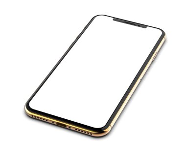 Beyaz arka plan üzerinde izole boş ekran ile altın smartphone.