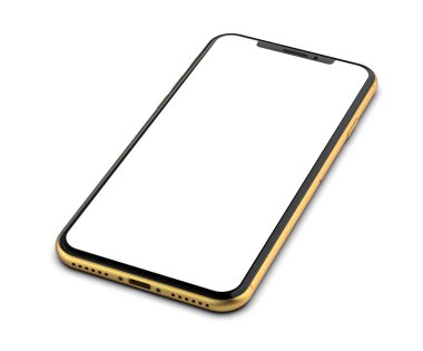 Beyaz arka plan üzerinde izole boş ekran ile sarı smartphone.