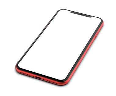 Boş ekran, beyaz arka plan üzerinde izole kırmızı smartphone.