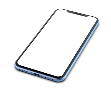 Beyaz arka plan üzerinde izole boş ekran ile mavi smartphone.