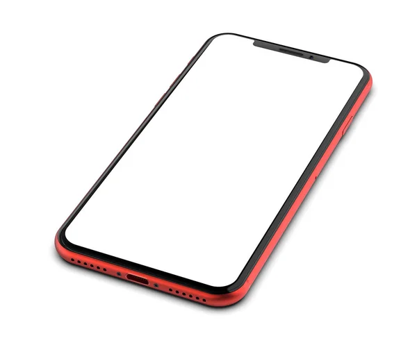 Smartphone Vermelho Com Tela Branco Isolado Fundo Branco — Fotografia de Stock