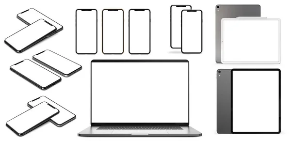 Set Tablets Smartphones Laptop Isolated White Background Template Mockup — Stock Photo, Image