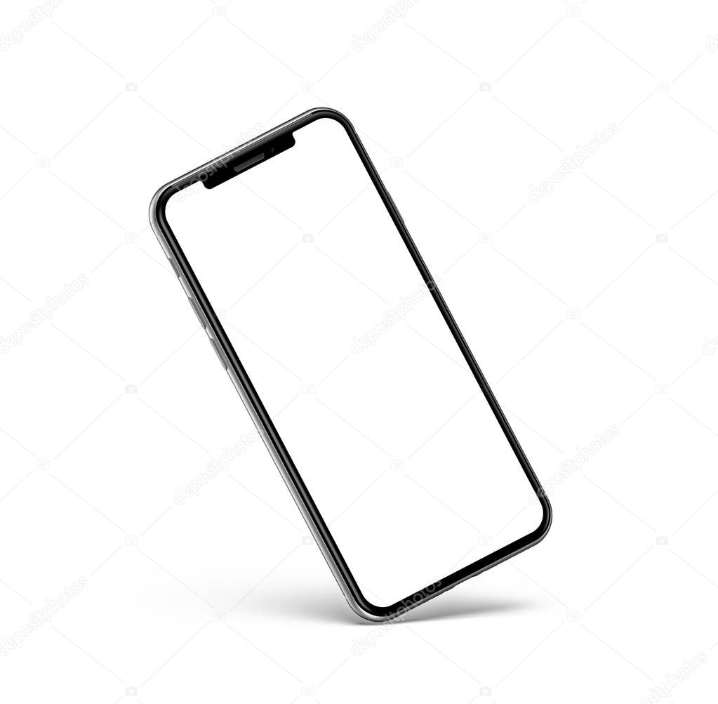 Smartphone with blank screen, isolated on white background.