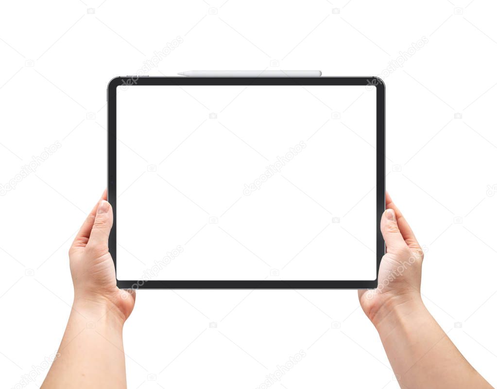 Woman holding tablet with blank screen.