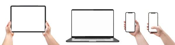 Elszigetelt Fehér Gazdaság Okostelefonok Tabletta Val Üres Képernyő Laptop — Stock Fotó
