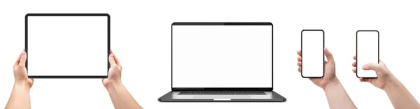 Laptop Terisolasi Pada Putih Dan Wanita Memegang Smartphone Dan Tablet — Stok Foto