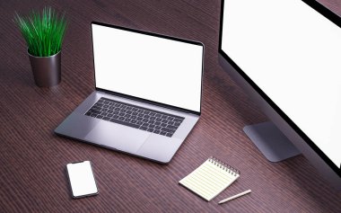 Laptop, ekran ve boş ekran ile smartphone.