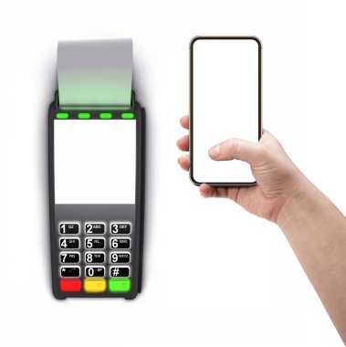 Beyaz arka planda yalıtılmış bir eldeki ödeme terminali ve akıllı telefon.
