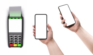 Beyaz arka planda yalıtılmış bir eldeki ödeme terminali ve akıllı telefon.