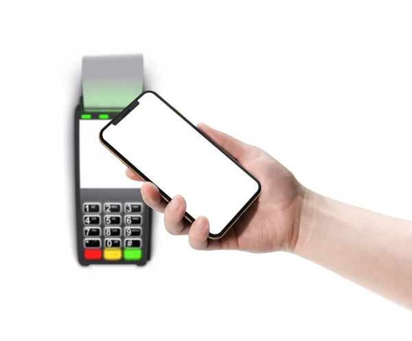 支付终端和智能手机在手隔离在白色背景 — 图库照片