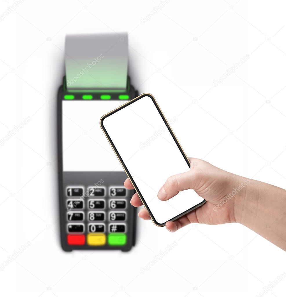 Payment terminal and smartphone in a hand isolated on white background.